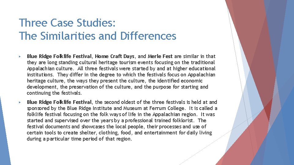 Three Case Studies: The Similarities and Differences ▶ Blue Ridge Folklife Festival, Home Craft