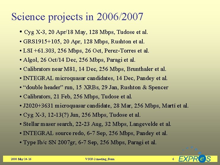 Science projects in 2006/2007 • Cyg X-3, 20 Apr/18 May, 128 Mbps, Tudose et