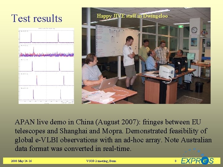 Test results Happy JIVE staff in Dwingeloo APAN live demo in China (August 2007):