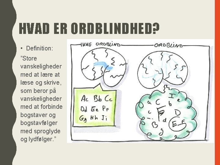 HVAD ER ORDBLINDHED? • Definition: ”Store vanskeligheder med at lære at læse og skrive,