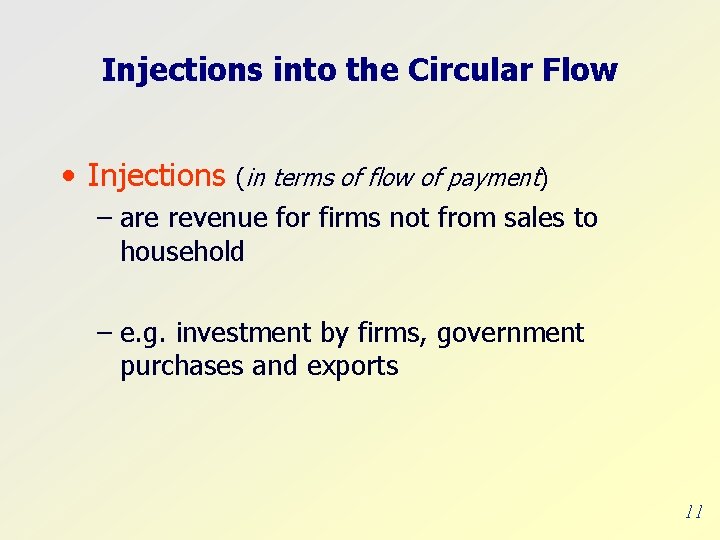 Injections into the Circular Flow • Injections (in terms of flow of payment) –