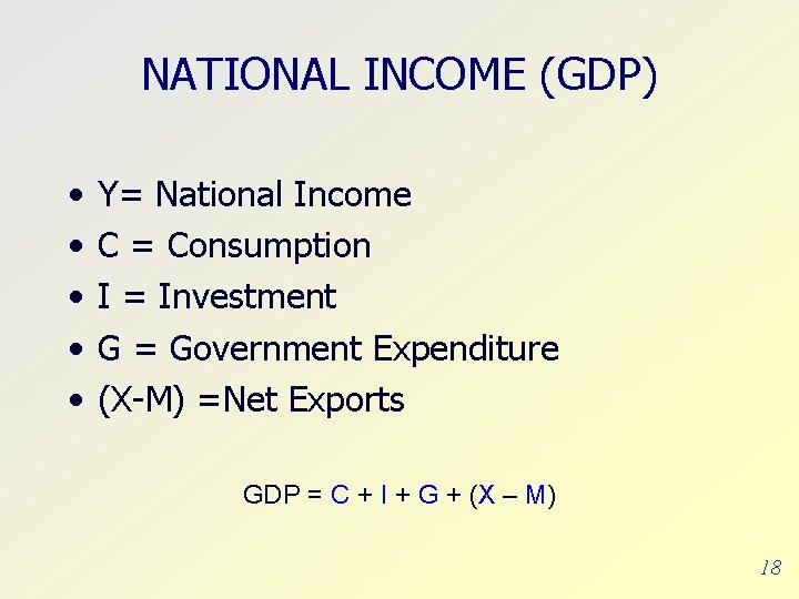 NATIONAL INCOME (GDP) • • • Y= National Income C = Consumption I =