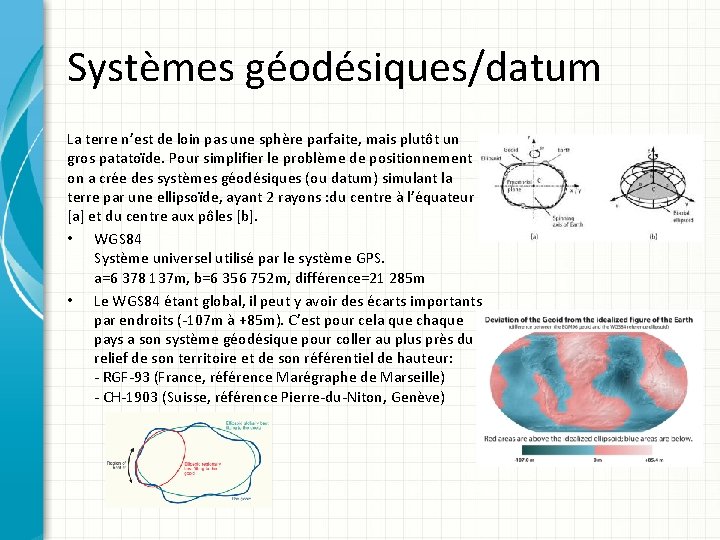 Systèmes géodésiques/datum La terre n’est de loin pas une sphère parfaite, mais plutôt un