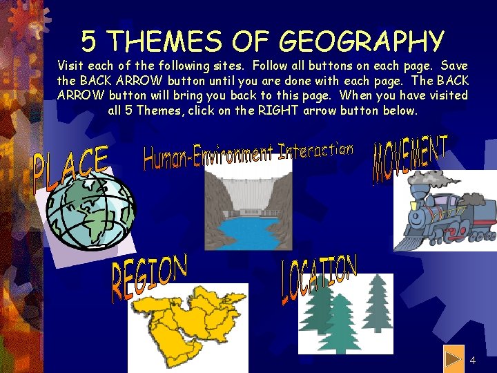 5 THEMES OF GEOGRAPHY Visit each of the following sites. Follow all buttons on