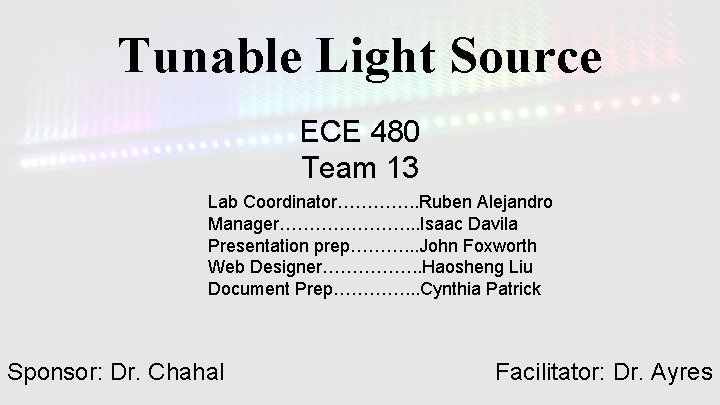 Tunable Light Source ECE 480 Team 13 Lab Coordinator…………. . Ruben Alejandro Manager…………………. .