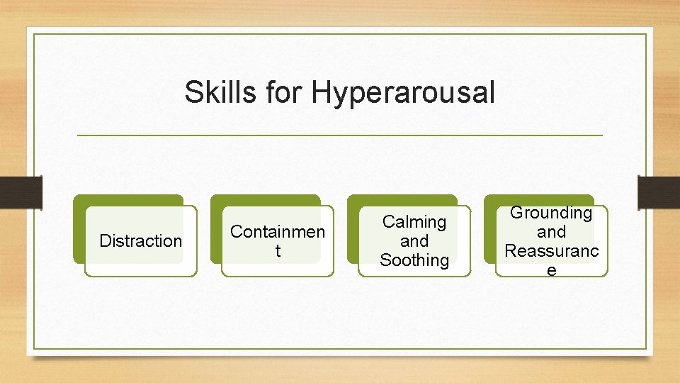 Skills for Hyperarousal Distraction Containmen t Calming and Soothing Grounding and Reassuranc e 