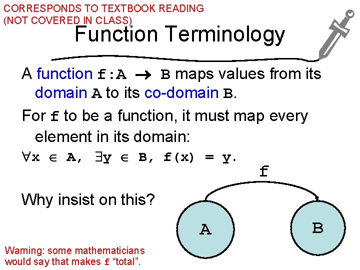 CORRESPONDS TO TEXTBOOK READING (NOT COVERED IN CLASS) Function Terminology A function f: A