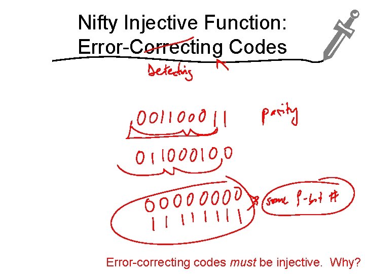 Nifty Injective Function: Error-Correcting Codes Error-correcting codes must be injective. Why? 