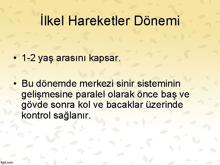 İlkel Hareketler Dönemi • 1 2 yaş arasını kapsar. • Bu dönemde merkezi sinir