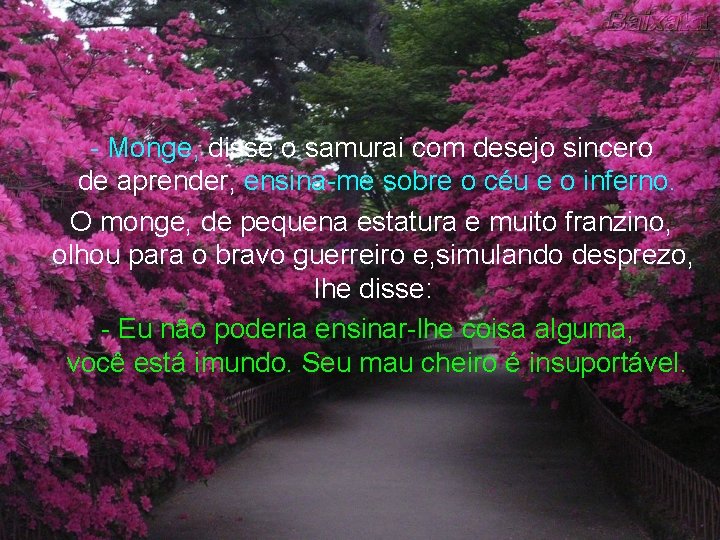 - Monge, disse o samurai com desejo sincero de aprender, ensina-me sobre o céu