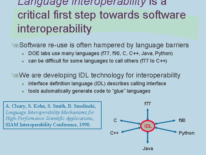 Language interoperability is a critical first step towards software interoperability 9 Software re-use is