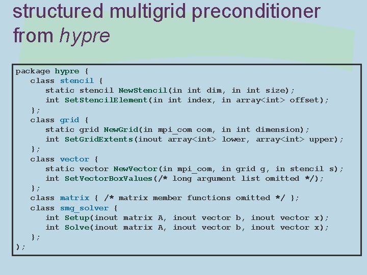 structured multigrid preconditioner from hypre package hypre { class stencil { static stencil New.