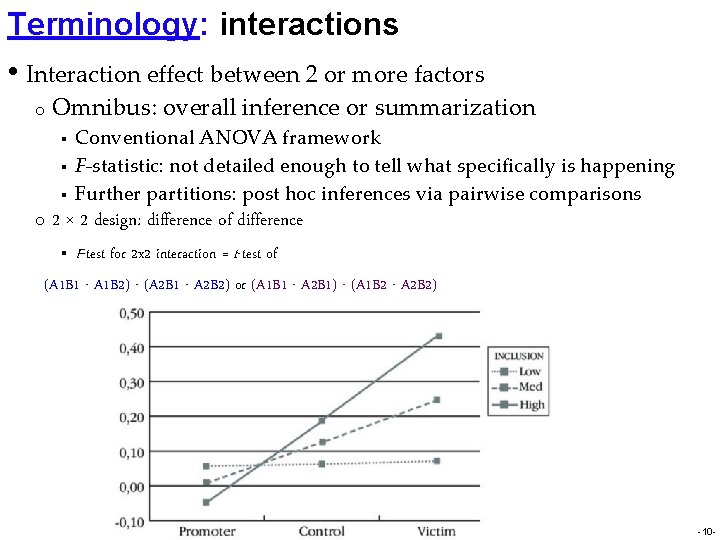 Terminology: interactions • Interaction effect between 2 or more factors o Omnibus: overall inference