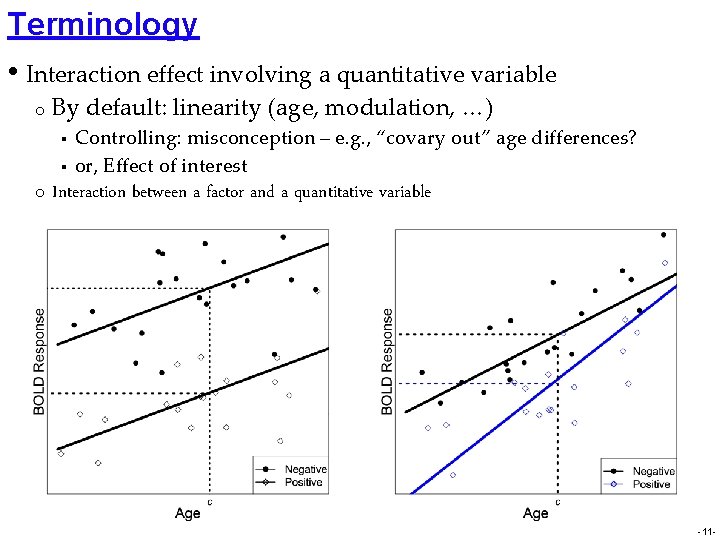 Terminology • Interaction effect involving a quantitative variable o By default: linearity (age, modulation,