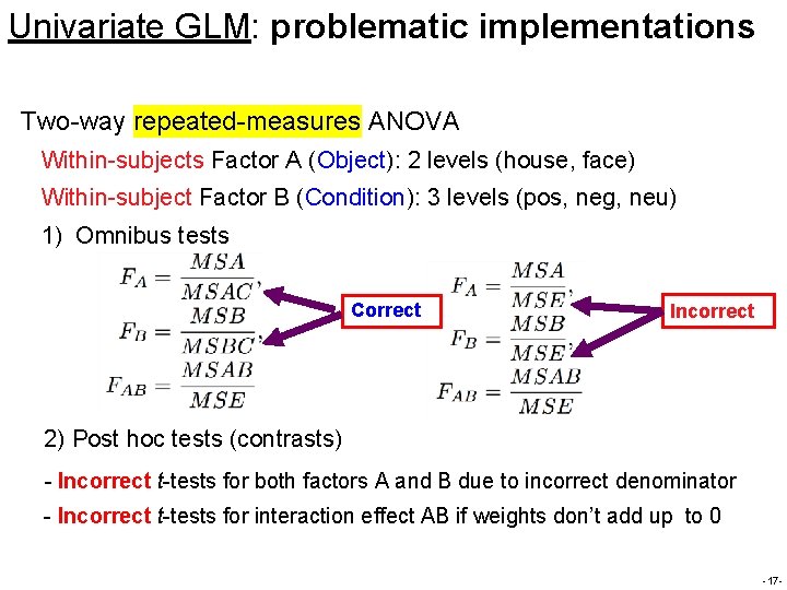Univariate GLM: problematic implementations Two-way repeated-measures ANOVA Within-subjects Factor A (Object): 2 levels (house,