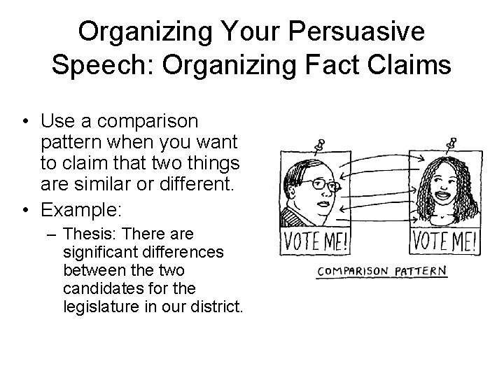 Organizing Your Persuasive Speech: Organizing Fact Claims • Use a comparison pattern when you