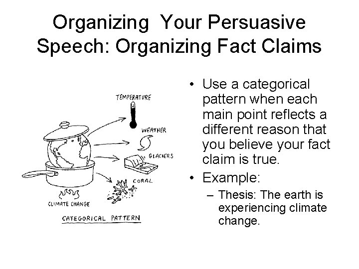 Organizing Your Persuasive Speech: Organizing Fact Claims • Use a categorical pattern when each