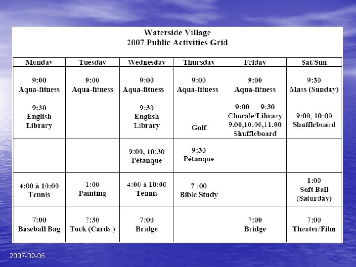ACTIVITIES 2007 -02 -06 