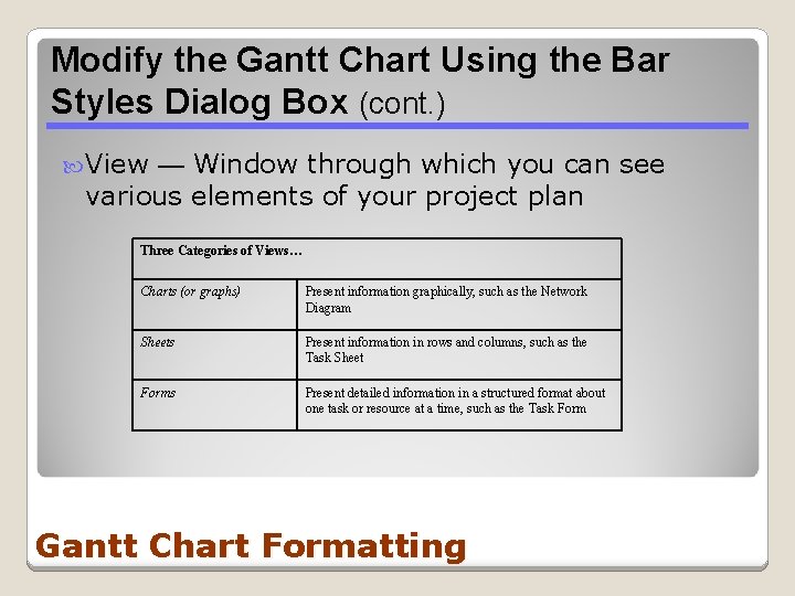 Modify the Gantt Chart Using the Bar Styles Dialog Box (cont. ) View —