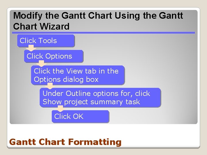 Modify the Gantt Chart Using the Gantt Chart Wizard Click Tools Click Options Click