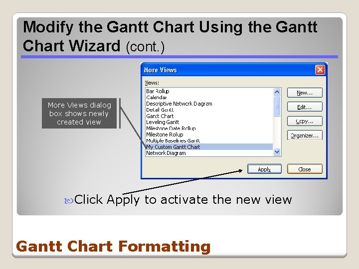Modify the Gantt Chart Using the Gantt Chart Wizard (cont. ) More Views dialog