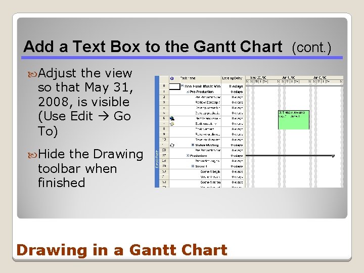 Add a Text Box to the Gantt Chart (cont. ) Adjust the view so