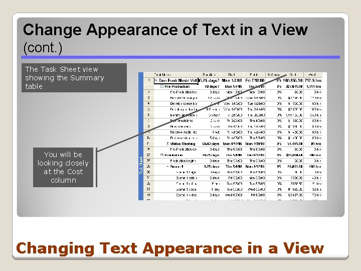 Change Appearance of Text in a View (cont. ) The Task Sheet view showing
