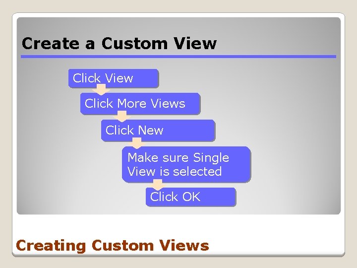 Create a Custom View Click More Views Click New Make sure Single View is