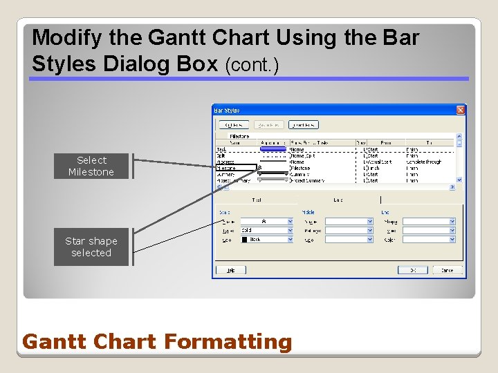Modify the Gantt Chart Using the Bar Styles Dialog Box (cont. ) Select Milestone