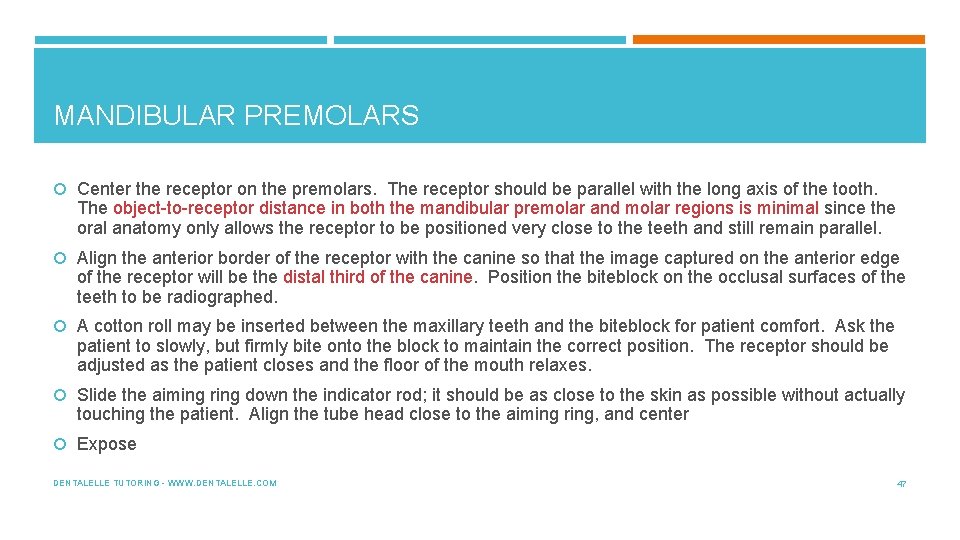 MANDIBULAR PREMOLARS Center the receptor on the premolars. The receptor should be parallel with