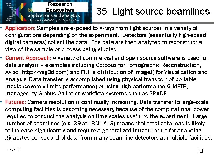 Research Ecosystem 35: Light source beamlines • Application: Samples are exposed to X-rays from