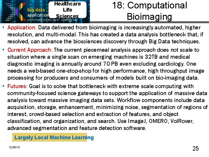 Healthcare Life Sciences 18: Computational Bioimaging • Application: Data delivered from bioimaging is increasingly