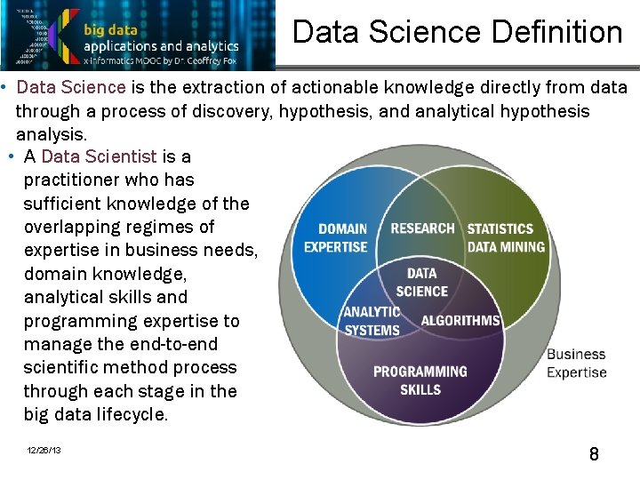 Data Science Definition • Data Science is the extraction of actionable knowledge directly from