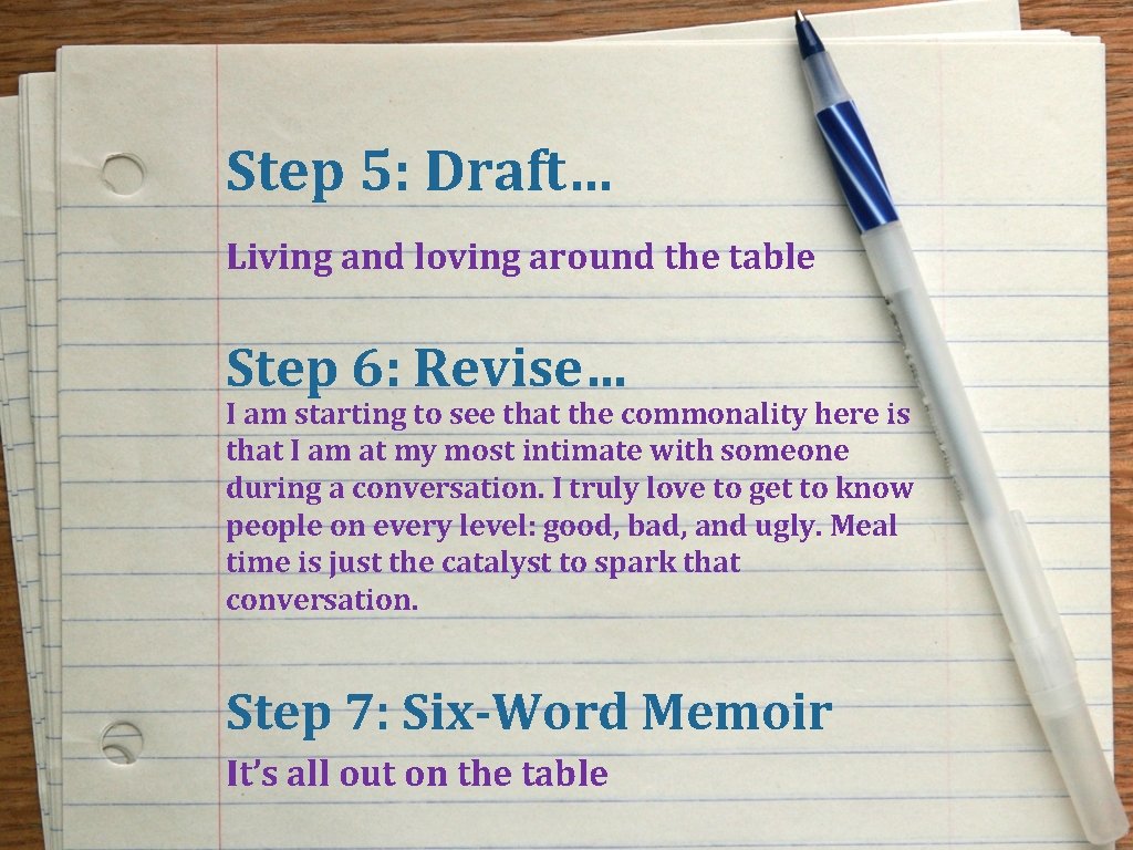 Step 5: Draft… Living and loving around the table Step 6: Revise… I am