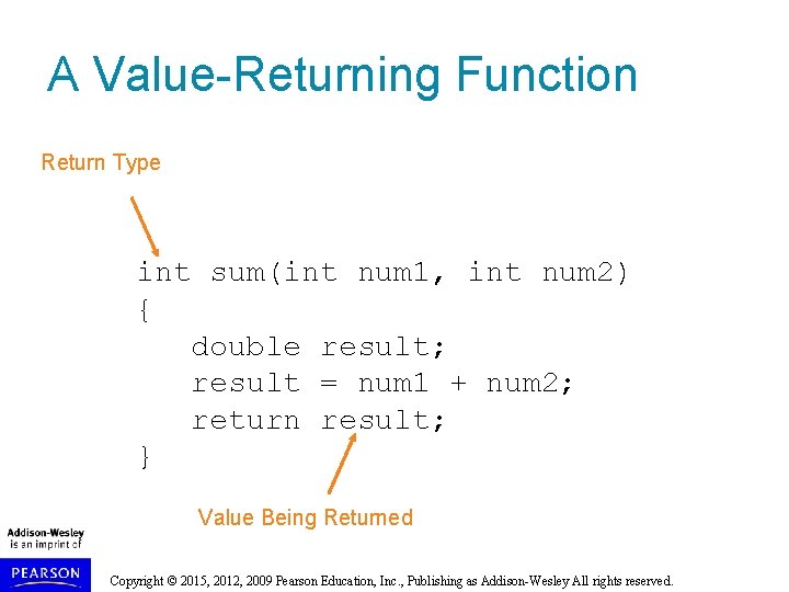 A Value-Returning Function Return Type int sum(int num 1, int num 2) { double A Value-Returning Function Return Type int sum(int num 1, int num 2) { double