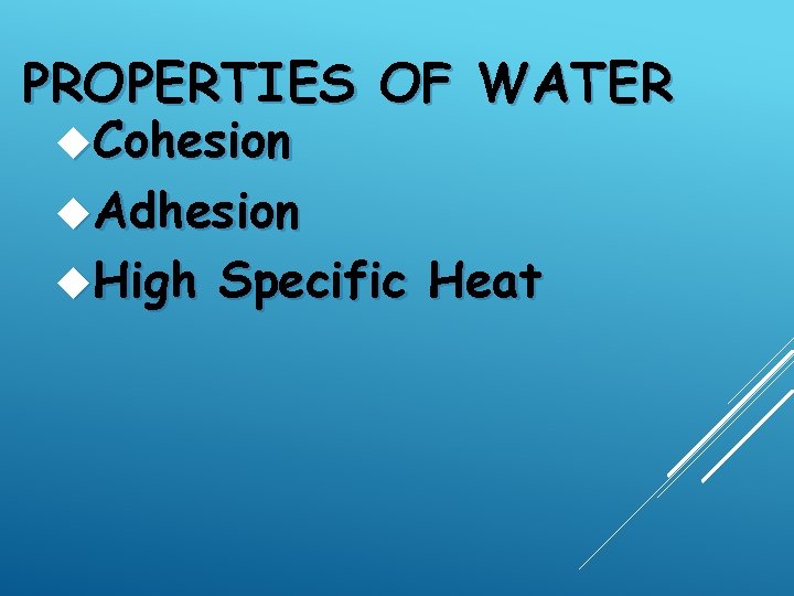 PROPERTIES OF WATER Cohesion Adhesion High Specific Heat 