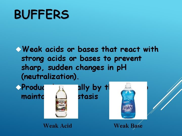 BUFFERS Weak acids or bases that react with strong acids or bases to prevent