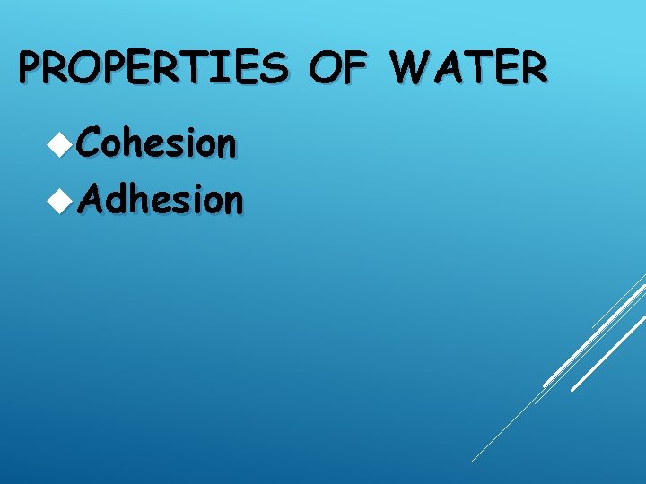 PROPERTIES OF WATER Cohesion Adhesion 