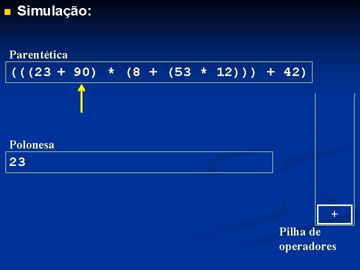n Simulação: Parentética (((23 + 90) * (8 + (53 * 12))) + 42)