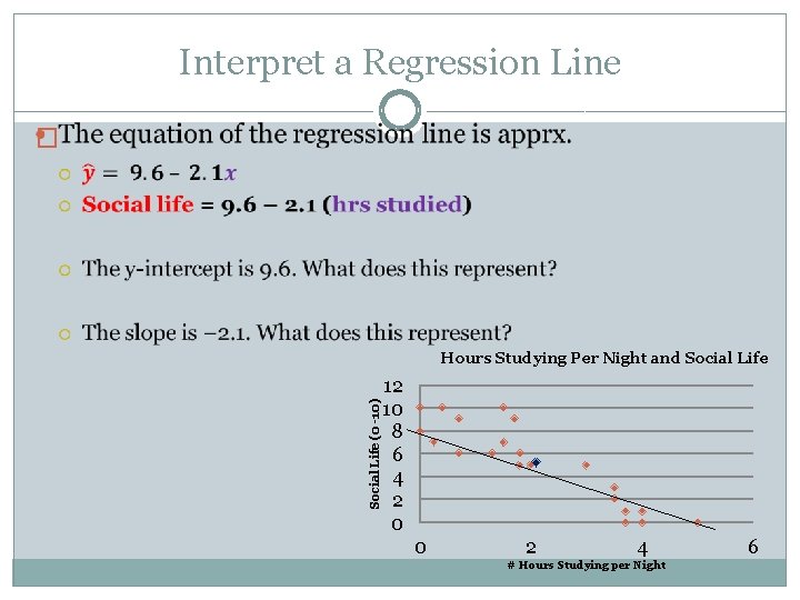 Interpret a Regression Line � Social Life (0 -10) Hours Studying Per Night and