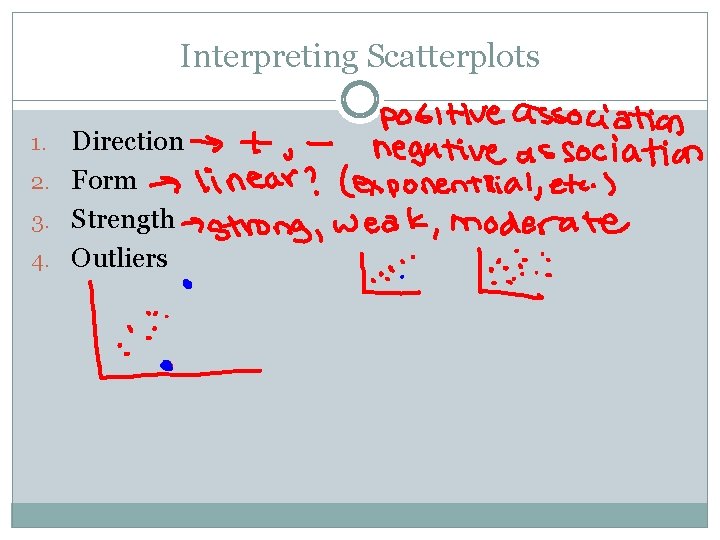 Interpreting Scatterplots Direction 2. Form 3. Strength 4. Outliers 1. 