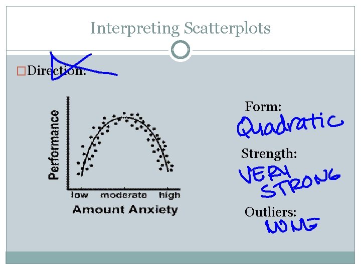 Interpreting Scatterplots �Direction: Form: Strength: Outliers: 