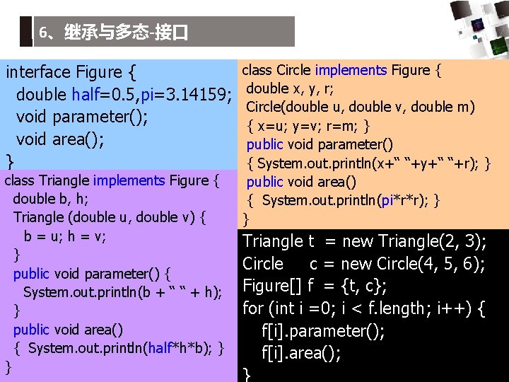 6、继承与多态-接口 class Circle implements Figure { interface Figure { Ø 无修饰 double half=0. 5,