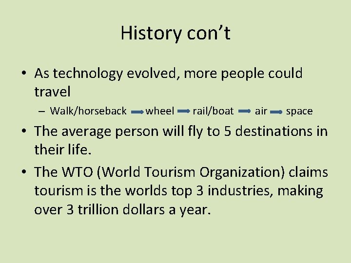 History con’t • As technology evolved, more people could travel – Walk/horseback wheel rail/boat