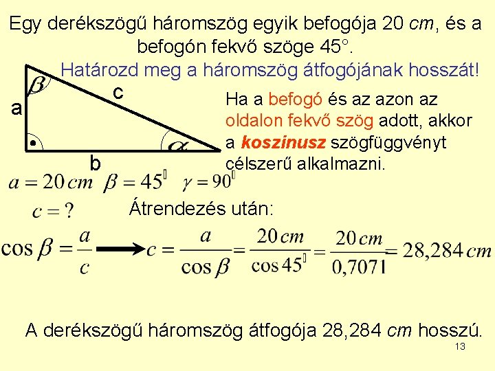 Egy derékszögű háromszög egyik befogója 20 cm, és a befogón fekvő szöge 45°. Határozd