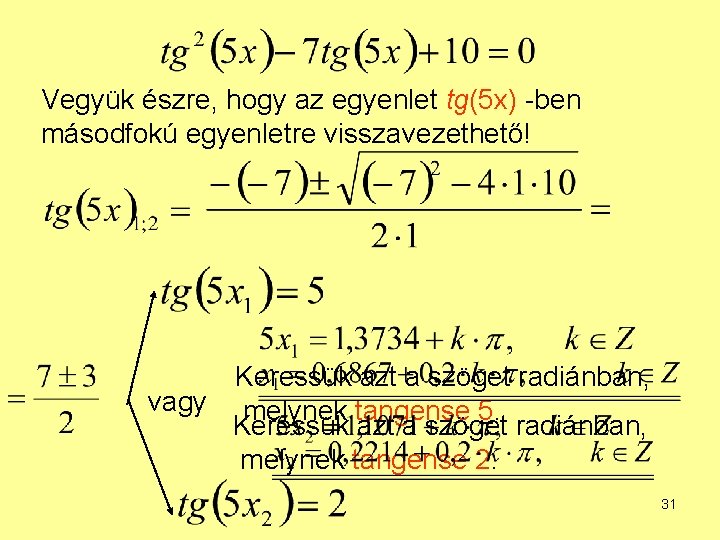 Vegyük észre, hogy az egyenlet tg(5 x) -ben másodfokú egyenletre visszavezethető! Keressük azt a Vegyük észre, hogy az egyenlet tg(5 x) -ben másodfokú egyenletre visszavezethető! Keressük azt a