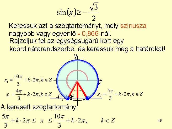 Keressük azt a szögtartományt, mely szinusza nagyobb vagy egyenlő - 0, 866 -nál. Rajzoljuk