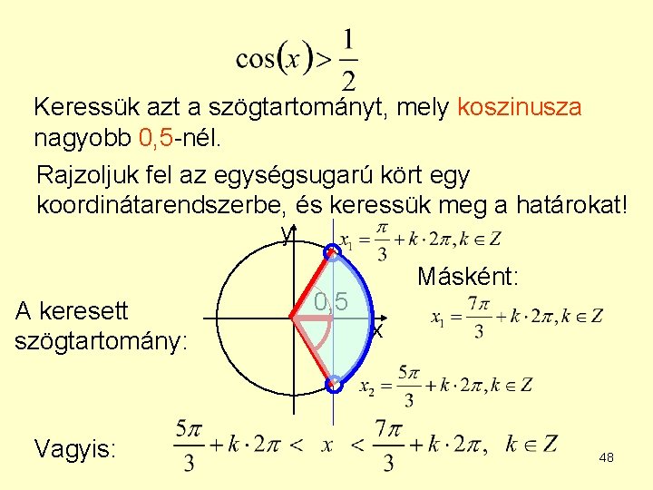 Keressük azt a szögtartományt, mely koszinusza nagyobb 0, 5 -nél. Rajzoljuk fel az egységsugarú