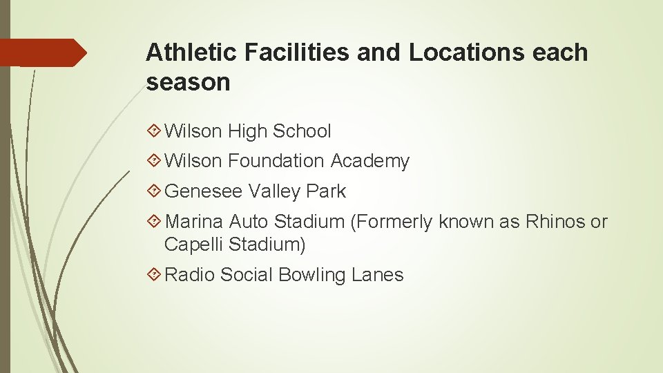 Athletic Facilities and Locations each season Wilson High School Wilson Foundation Academy Genesee Valley