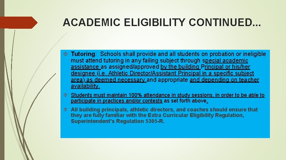 ACADEMIC ELIGIBILITY CONTINUED. . . Tutoring: Schools shall provide and all students on probation